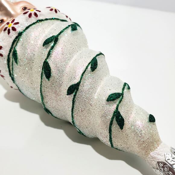 Glass Santa Ornament White w/Green Vine Red Yellow Flowers Winter - Picture 9 of 16